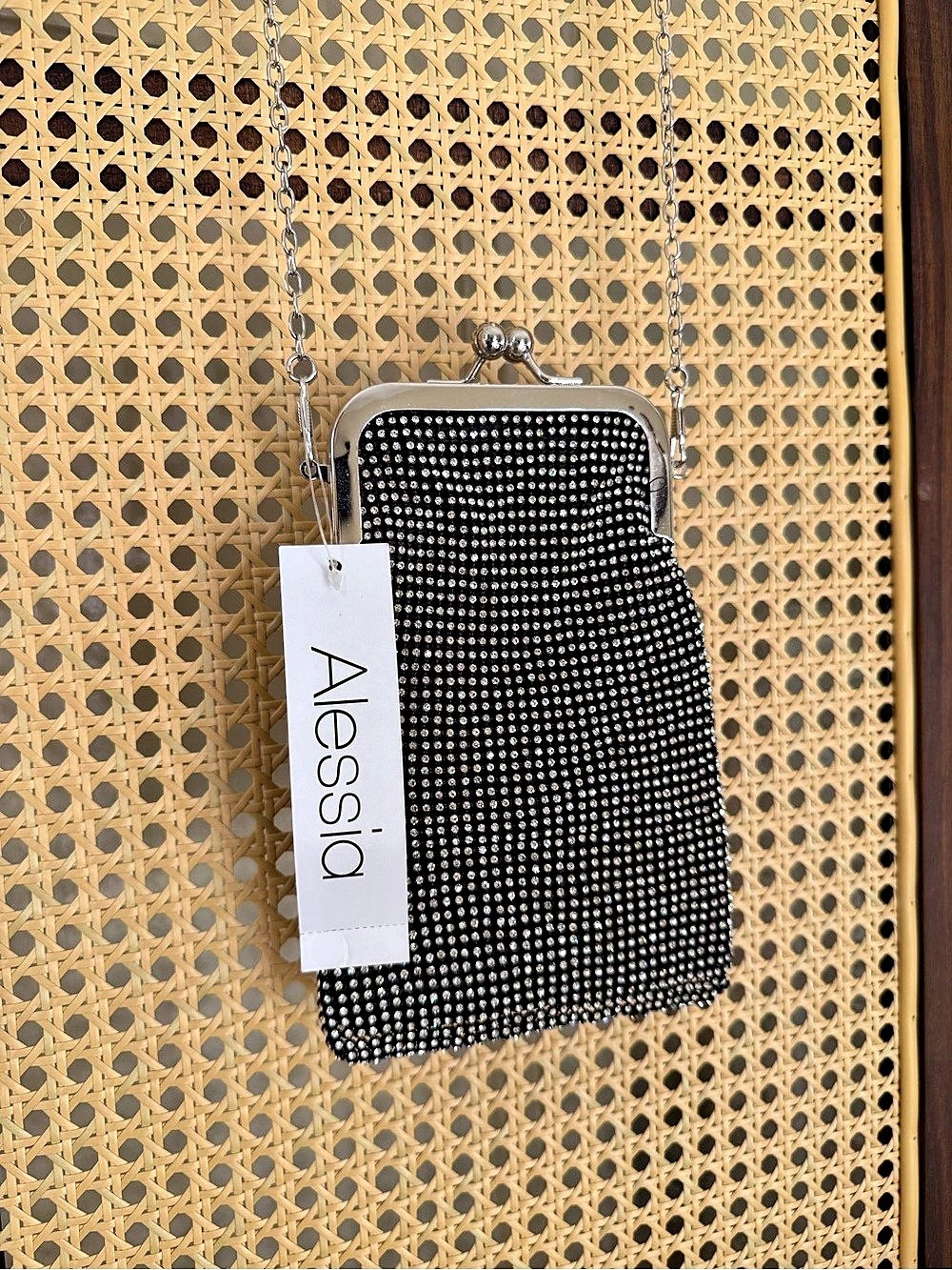 Alessia Rhinestone Chain Clutch in Black & Silver NWT